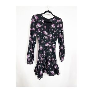 Sugar Lips Dress Floral Mini Longsleeve V Neck Ruffle Black Purple Womens Small
